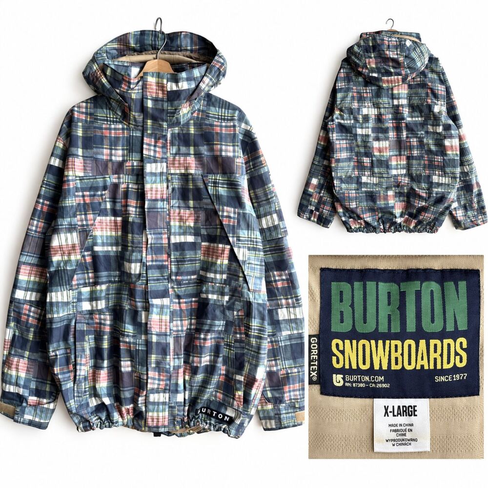 Burton Gore-Tex Jacket Mens XL Multicolor Plaid Patchwork Ski Snowboard Hooded